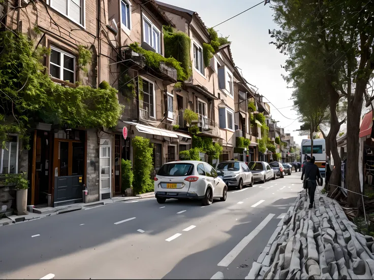 Create 20 professional 8K photograph that transports viewers to the abandoned a street with the length of 500 meters and weight of 12 meters in Tehran. Use a low camera angle to capture the grandeur of crumbling structures. Add elements of nature invading ...