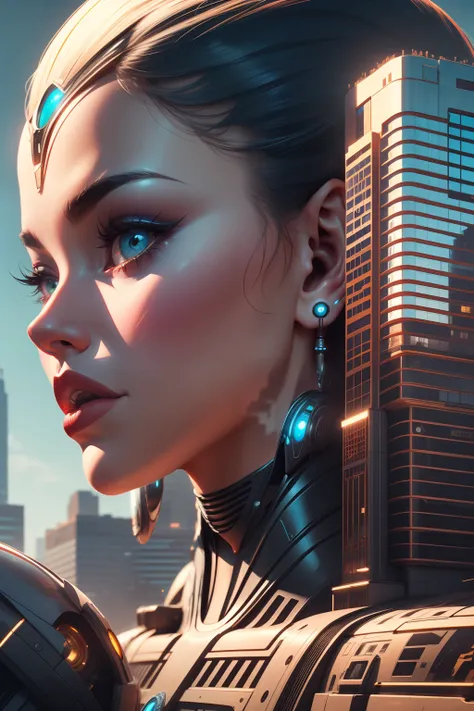 alien god , 1girl a woman with a futuristic face and ear robotic, retro buildings on background, high contrast, highly detailed,...