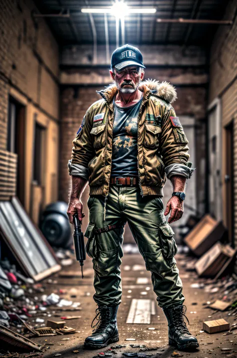 1man, extremely strong, military jacket, cargo pants, military boots, scar marks, one blind eye, skin texture, stubble, standing in an abandoned warehouse full of rubbish and equipment debris, sun beam passing through the cracks, high quality image, extrem...