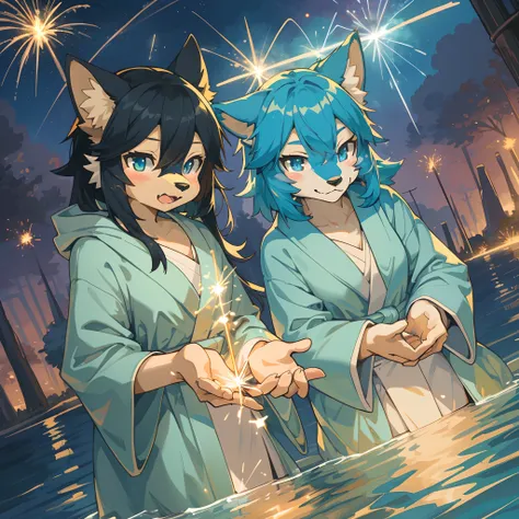 top quality, best quality, High-quality illustrations, masterpiece, super high resolution, detailed background, bathrobe, nigh sky, sparklers, lake, Water surface reflection, 6+boys, 6+girls, absurdres(highly detailed beautiful face and eyes)perfect anatom...