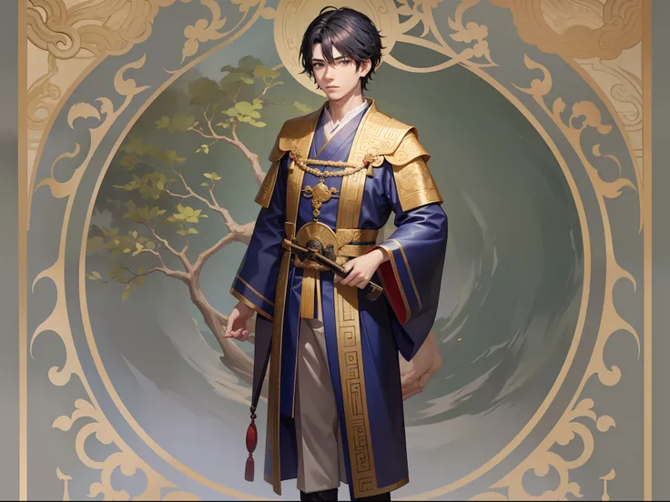 Fifteen-year-old male noble boy in ancient China，Dressed in aristocratic attire，Elegant appearance，Handheld scrolls。Beautifully painted full body standing。