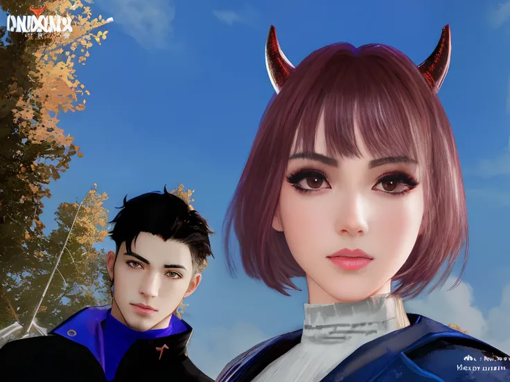 anime image of a man and a woman with horns on their heads, <mmorpgs scene, nixeu and sakimichan, inspired by Jean Malouel, sakimichan and frank franzzeta, realistic anime 3 d style, second life avatar, ruan jia and brom, with fully detailed faces, beautif...