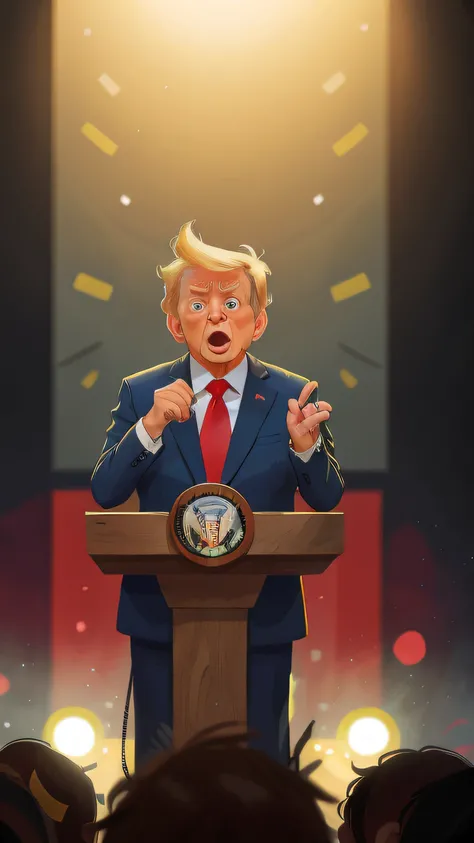 Trump is speaking，The background is the podium，Perfect quality，Clear focus， （tmasterpiece：1.2） （realisticlying：1.2） （Bokeh） （best qualtiy） （detailedskin：1.3） （complexdetails） （8K） （detailedeyes） （Sharp focus）