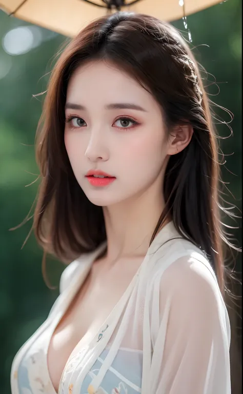 ((Best Quality, 8k, Masterpiece: 1.3)), Focus: 1.2, Perfect Body Beauty: 1.4, Buttocks: 1.2, ((Layered Haircut)), (Wet Clothes: 1.1), (Rain, Street:1.3), (Breasts: 1.2), (Hanfu: 1.2), Bare Shoulders, Bare Legs, Highly Detailed Face and Skin Texture, Fine E...