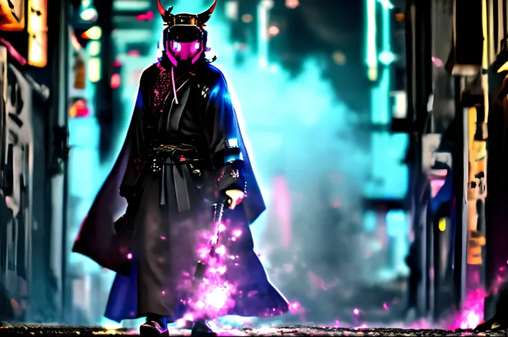 Crie uma imagem com um samurai no estilo cyberpunk, With an oni mask and black clothes with pink gas sticking out of his mask and his katana will have hma blue stripe that glows, Hes in the middle of a coastal street and looking to the side, In its surroun...