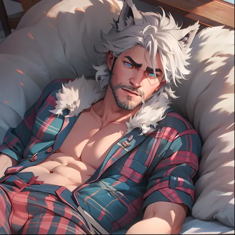 athletic Male with light beard, has flowing white hair, has wolf ears, has wolf tail, shirtless, playful, solo, alone, has goofy look on his face, has bright blue eyes, wearingg plaid pajama pants, relaxing on a bed,