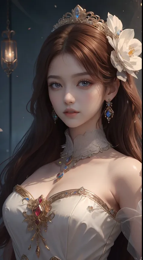 tmasterpiece，Highest image quality，A bust of a beautiful royal maiden，Delicate reddish-brown hairstyle，Black eyes are crystal clear，Exquisite craft jewelry，Decorate with flowers，Exaggerated jewelry earrings，super detailing。