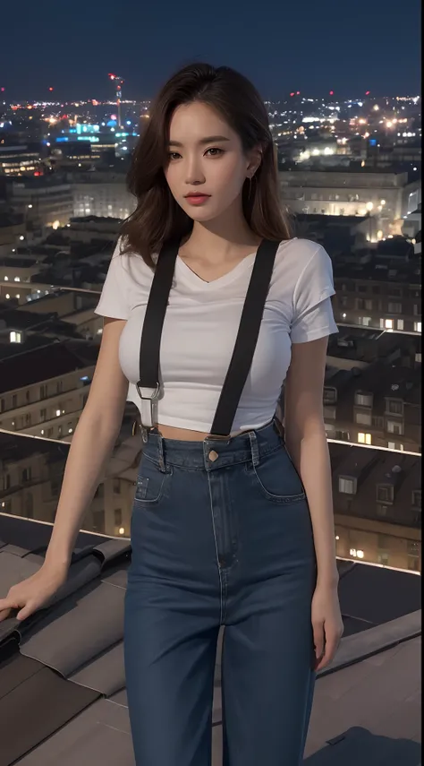 ((midynight, Need, 8k, tmasterpiece:1.3)), full bodyesbian, Long legs, Focalors:1.2, perfect figure beautiful woman:1.4, Slim abs:1.1, ((Dark brown hair, huge tit:1.5 )), (white tight t-shirt, Denim suspenders, standing on your feet:1.2), ((city night scen...