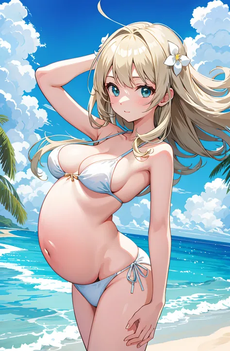 Close-up of pregnant woman in white bikini on beach, beautiful alluring anime teen, beautiful and seductive anime woman, small curvaceous loli, seductive anime girls, ecchi anime style, Realistic white bikini, Realistic sensual gravure idol, Beautiful anim...