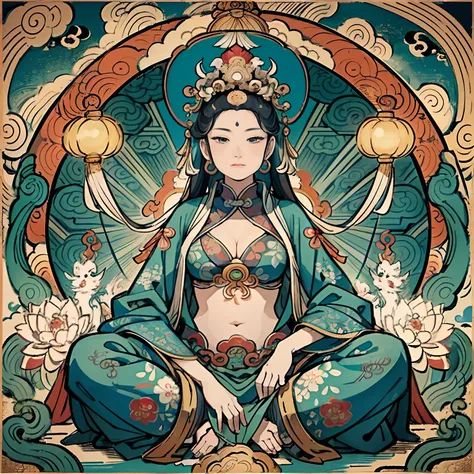 an ancient Chinese goddess, guanyin of the southern seas, Guanyin, Inspired by India, Avalokiteshvara rides a dragon，,Serene expression,shui mo hua,Buddha,Buddhist,Lotus,Chinese painting style,Thangka style