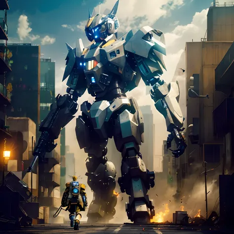 Anime characters walk down the street with huge robot-like bodies and arms, anime large mecha robot, giant anime mecha, mecha anime, modern mecha anime, lottalewdsLargeMecha, anime concept hdr anime macmanus, mecha asthetic, giant mecha, pacific-rim-mech i...