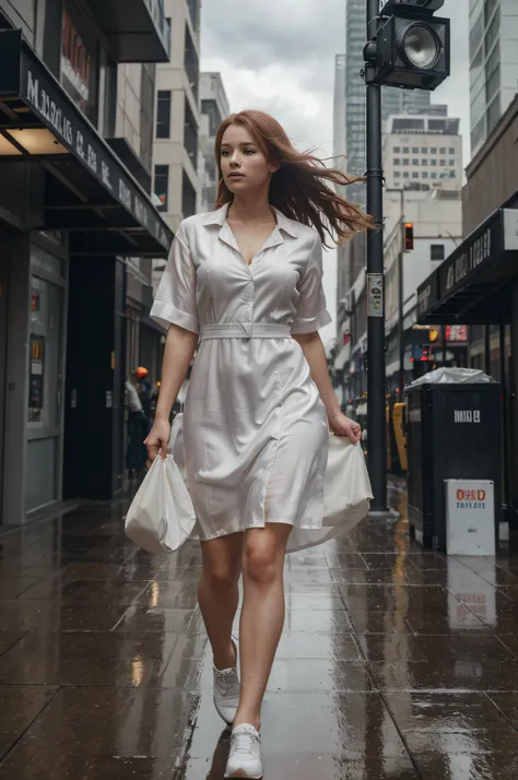 a woman in a white silk dress is (walking) down the street, cloudy and rainy weather, delivering packages and boxes, escape from...