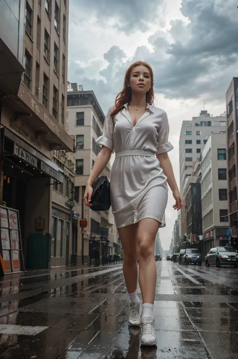 a woman in a white silk dress is (walking) down the street, cloudy and rainy weather, delivering packages and boxes, escape from New York, military girl, soaring above a dense city, workers revolution, poster, surveillance, print, (waitress) girl, young re...