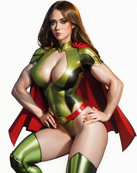 a beautiful superheroine, has brown hair, green eyes, green leotard with a black outer rim, the leotard has an opening on the chest area,. Red cape, red belt with a golden medal in the center, wears high knee boots that are black on the top and green on th...