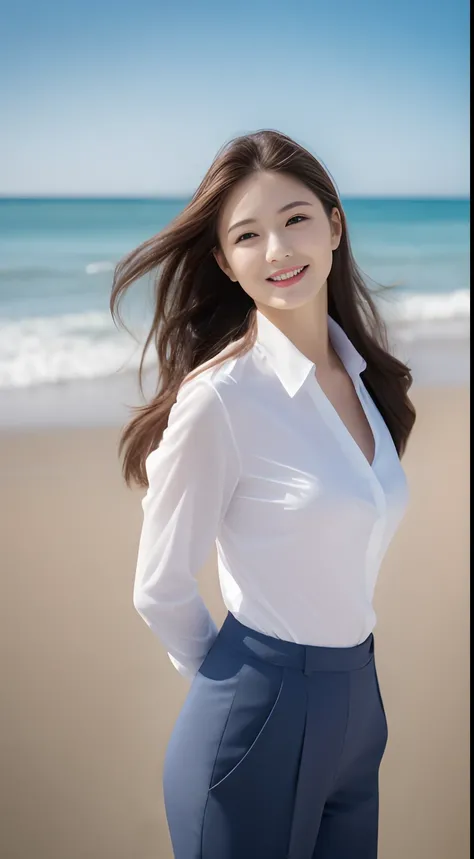 Masterpiece, seduction, suit, smile, flight attendant, full body photo, long brown hair, beach background, beautiful breasts, shirt, tie, trousers (a girl), high-definition facial features, 8K, double eyelids, delicate facial features