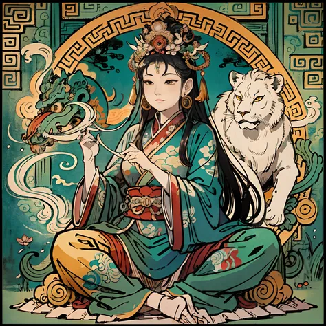 an ancient chinese goddess, guanyin of the southern seas, guanyin, inspired by india, avalokiteshvara rides a lion，,serene expre...