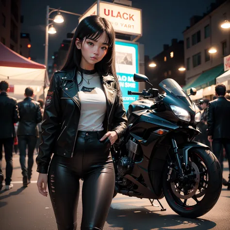 The girl is 17 years old and has black hair, Ultra-detailed black jacket, Black leather pants standing next to a black motorcycle with white lights on, Scene Night Market Street, surrealism, 8K