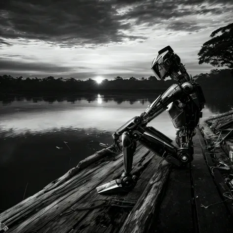 Sad, old Arafed robot sitting on an old, rustic dock with a lake in the background, robot photography, river flowing beside the robot, iron giant at sunset, robot art cracking the road, Directed by: Kuno Veeber, posing robotically, ( ( robot cyborgs ) ), s...