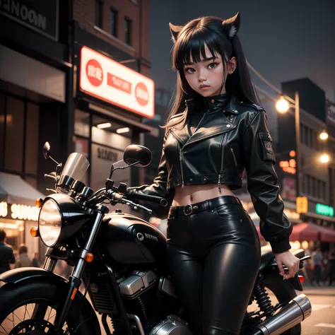 The girl is 17 years old and has black hair, Ultra-detailed black jacket, Black leather pants standing next to a black motorcycle with white lights on, Scene Night Market Street,repression，beast ear，Cute surreal, 8K