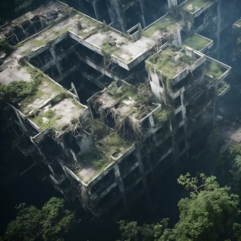 Arafeld architecture，There is a lot of vegetation on it, overgrown jungle ruins, empty building with vegetation, overgrown ruins, post apocalyptic tokyo, Post-apocalyptic city construction, Post-apocalyptic architecture, Vegetative apocalypse, nature takin...