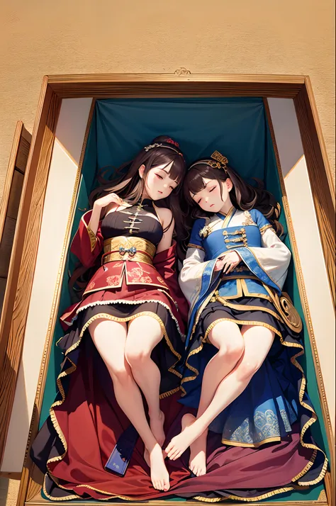 （tmasterpiece，top Quority，best qualtiy，offcial art，Beauty and aesthetics：1.2），Extremely detailed，（s fractal art：1.3），extremely colorful，Most detailed，（​master piece：1.2，high high quality），（pixiv：1.4），Song Dynasty gong strokes，Beautiful twin sisters sleepin...