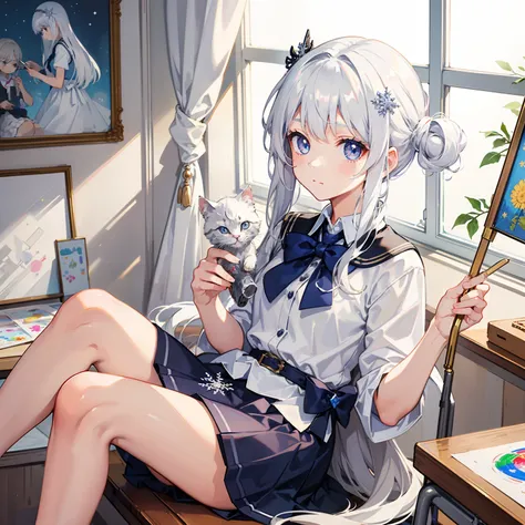 In the art room，A short silver-white hair，Girl with snowflake eyes，She had a kitten hairpin stuck on her head，Very cute look，in school uniform，She enjoyed humming songs on the side，While painting，