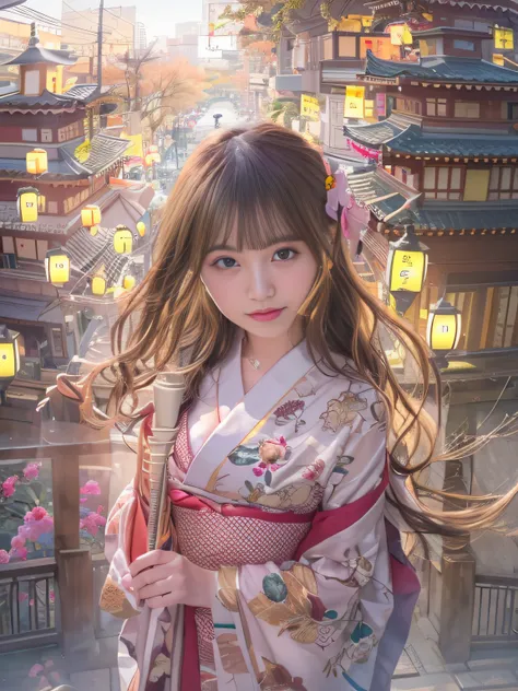 top-quality、​masterpiece、超A high resolution、natta、milkyway、(Photorealsitic:1.4)、Raw photo、Detailed CG image quality、(Floating Lantern:1.4)、Beautiful fece、1girl in、japanes、25-years old、(blue eyess:1.2)、pink lipsticks、A smile、(Brown hair:1.4)、skin tanned、(Ha...