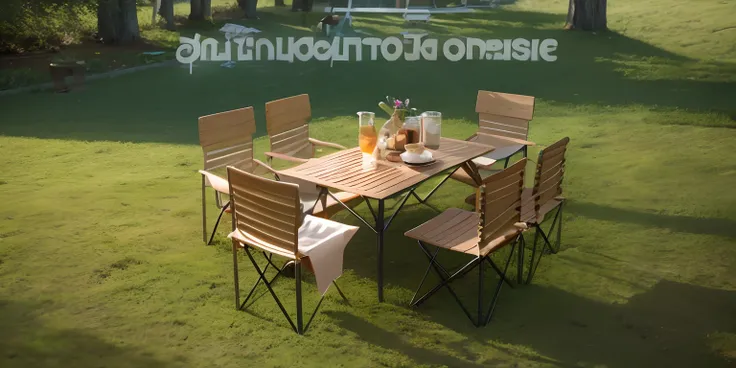 There was a table and chairs on the grass, tabletop, Outdoor, Table, outdoors mesa setting, trailer park, on a wooden desk, tables and chairs, center focus on table, Long table, yard, forest picnic, chairs and tables, exclusive, gauges, mesa, camping, pati...