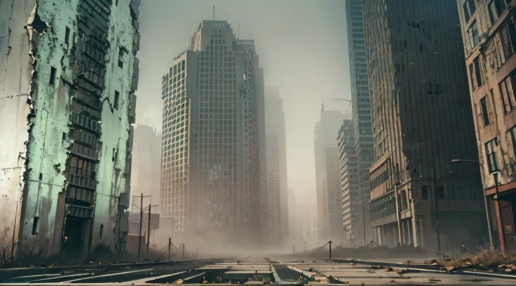 an eerie abandoned city nestled within a dense mist, crumbling skyscrapers reaching out like skeletal fingers, flickering street...