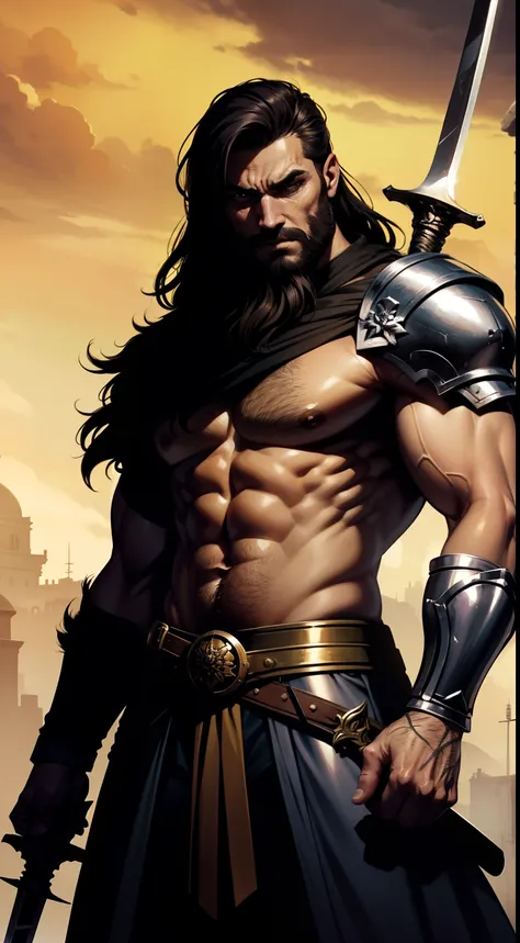 guerreiro homem, barba curta, cabelo escuro, with a two-handed steel sword | epic style, alta qualidade, detalhes impressionantes | dramatic background, intense illumination, sombras detalhadas