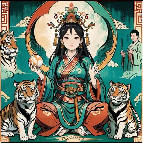 an ancient Chinese goddess, guanyin of the southern seas, Guanyin, Inspired by India, Avalokiteshvara rides a tiger，,Serene expression,shui mo hua,Buddha,Buddhist,Lotus,Chinese painting style,Thangka style