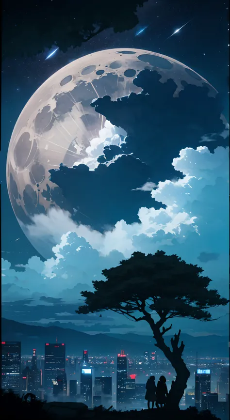 Skysky，As estrelas（Skysky），scenecy，starrysky，the night，nigh sky，独奏，exteriors，buliding，​​clouds，galactic，Codependent couples，The tree，城市，siluette,view over city,themoon