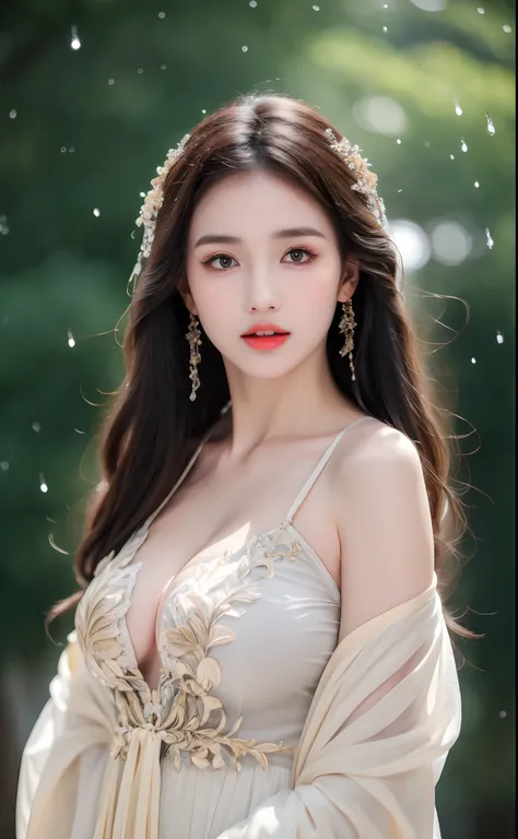 ((Best Quality, 8k, Masterpiece: 1.3)), Focus: 1.2, Perfect Body Beauty: 1.4, Buttocks: 1.2, ((Layered Haircut)), (Wet Clothes: 1.1), (Rain, Street:1.3), (Breasts: 1.2), (Hanfu: 1.2), Bare Shoulders, Bare Legs, Highly Detailed Face and Skin Texture, Fine E...