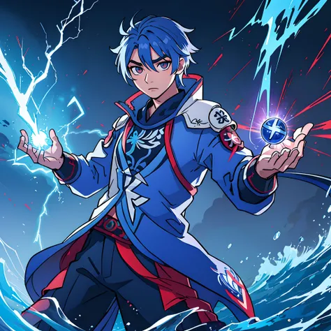 Modelo genshin impact, masculino, cabelo azul, olhos vermelhos, efeito de raio,in sky, roupas top, magic background, lightning powers