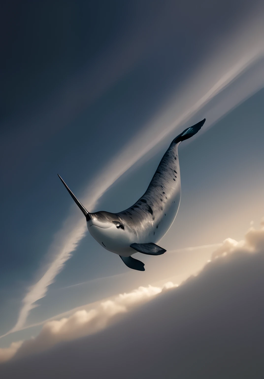 There is a black-and-white photo of a narwhal in flight, narwhal, subreddit / r / whale, flying whale, whale, ivan seal, space magical whale, space whale, marine animal, [ Realistic photo ]!!, isolated on a white background, Fluttering bull nets, author：Sh...