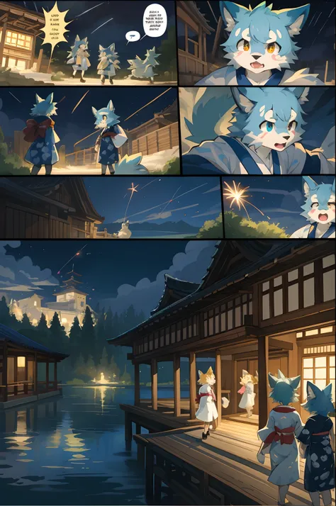 top quality, best quality, highres, masterpiece, super high resolution, detailed background, lake, nigh sky, firework, japanese yukata, 6+boys, 6+girls, absurdres(highly detailed beautiful face and eyes)perfect anatomy, good lighting, cinematic shadow(kemo...