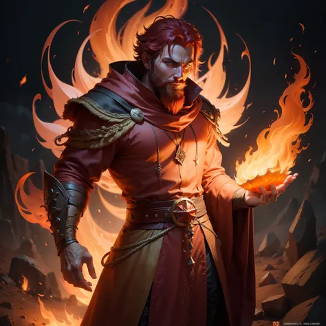 Fire Sorcerer ,flaming hands ,d&d personagem ,Capa longa Flamejante ,Meio Elfo Homem Adulto ,Meio elfo com Barba ,Traje Vermelho