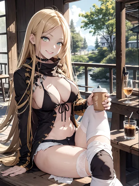 （Enrich the picture，Masterpiece level quality）Beautiful 8K CG artwork，Goddess-like posture，sittinng on the river，Postural exercises，Slim and soft，Translucent skin，Coffee-colored hair、The beauty of extra-long hair, Super Long Straight Hair，The skin is fair ...