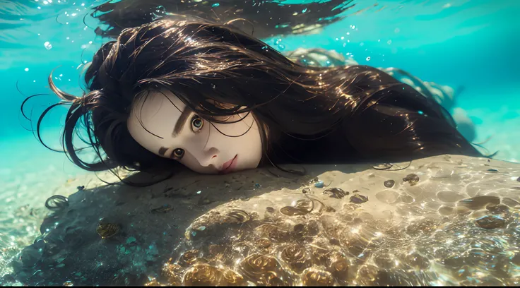 Partial underwater photography，Kasha，Hold the viewers hand with your back to the camera，sideface，Asymmetrical face shape，watered eyes，Fluorescent headphones hang behind your hair，Black fur coat，Decorated with a gold dragon motif，Fine rendering details, Dep...