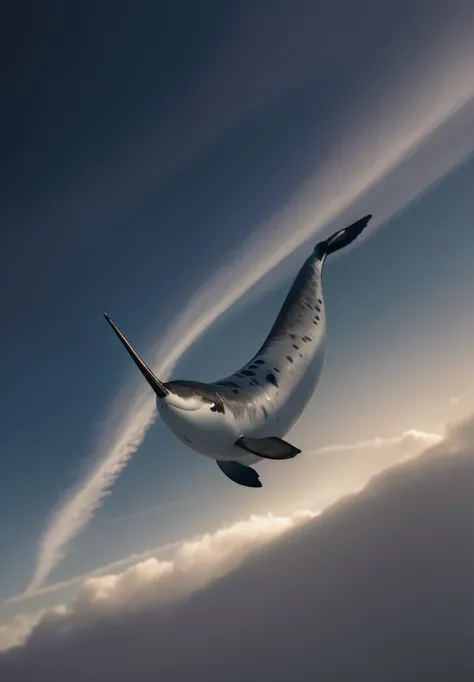 There is a black-and-white photo of a narwhal in flight, narwhal, subreddit / r / whale, flying whale, whale, ivan seal, space magical whale, space whale, marine animal, [ Realistic photo ]!!, isolated on a white background, Fluttering cattle nets, author：...