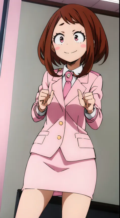 ochaco_uraraka, 1girl, solo, pink skirt suit, necktie, blush_stickers, pink pencil skirt, smile, pink blazer, long sleeves, whit...