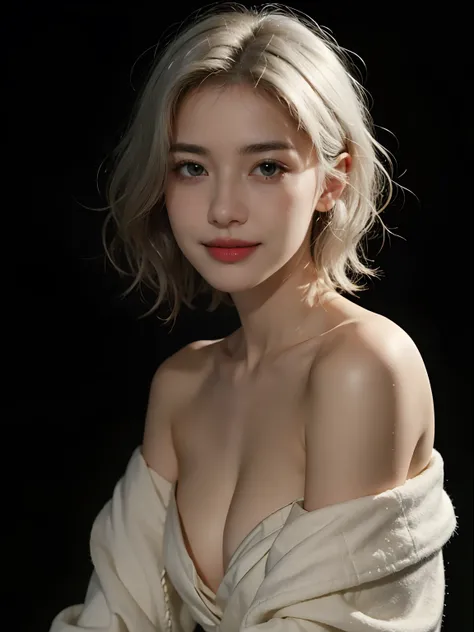 Best quality, masterpiece, ultra high res, (photorealistic:1.5), raw photo, 1girl, offshoulder, in the dark, deep shadow, low key, cold light, sexy look, white hair, short wavy hair, light smile, naked