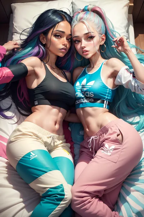 Two women kissing and lying in bed wearing Adidas Baggy pants, cabelos multicoloridos, olhos multicoloridos, anatomia correta, preciso, Super Detalhe, melhor qualidade, pele texturizada, retina correta, Eye correction, beijo realista, corpo inteiro, estilo...