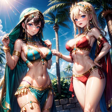 2girls，Belly dance costumes，Get wet，Covered in sweat，full bodyesbian，ankle bracelets