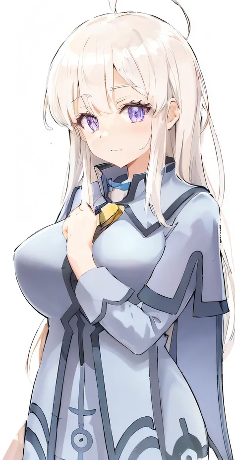 Cartoon image of a woman with white hair and purple eyes, white-haired god, holograph, Portrait Chevaliers du Zodiaque Fille, cel - shaded art style, holding a pudica pose, made with anime painter studio, anime style like fate/stay night, small curvaceous ...