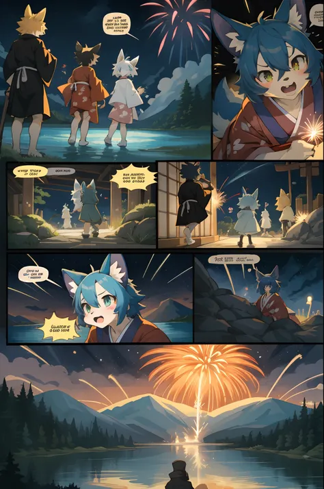 top quality, best quality, highres, masterpiece, super high resolution, detailed background, lake, nigh sky, firework, japanese yukata, 6+boys, 6+girls, absurdres(highly detailed beautiful face and eyes)perfect anatomy, good lighting, cinematic shadow(kemo...