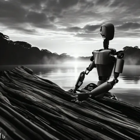 Worn Arafed robot on a lake resting on an old log overlooking a lake, robot photography, iron giant at sunset, river flowing beside the robot, robotic feeling, posing robotically, in the sunset, very cute robot zen, um ciborgue meditando, a still life of a...