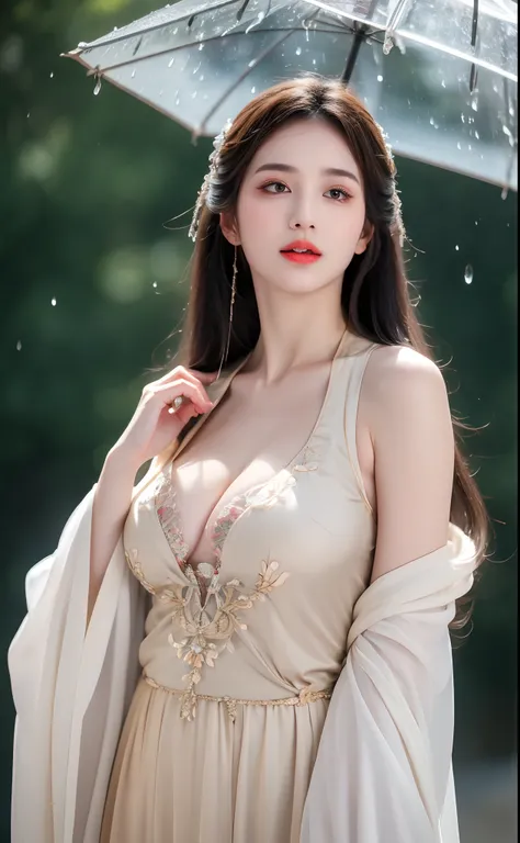 ((Best Quality, 8k, Masterpiece: 1.3)), Focus: 1.2, Perfect Body Beauty: 1.4, Buttocks: 1.2, ((Layered Haircut)), (Wet Clothes: 1.1), (Rain, Street:1.3), (Breasts: 1.2), (Hanfu: 1.2), Bare Shoulders, Bare Legs, Highly Detailed Face and Skin Texture, Fine E...