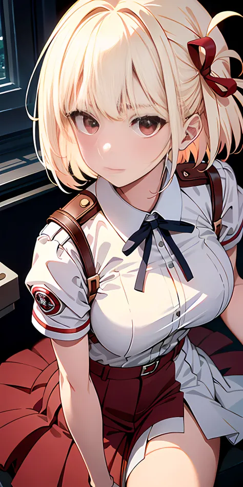 Absurd resolution, high resolution, (masterpiece: 1.4), super detailed, girl alone, from above, space, floating, platinum blonde, medium hair, red eyes