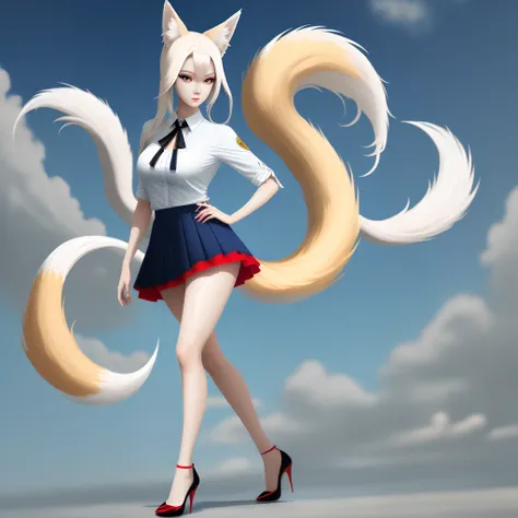 Nine-tailed Sky Fox，Long legs sexy body red eyes white pleated skirt，Blue high heels，Bigchest